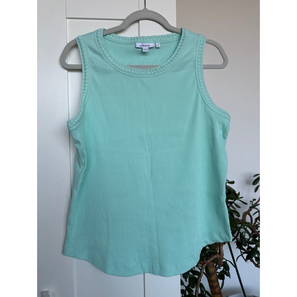 Chico's Turquoise Ribbed Crochet- Trimmed Tank, Size L